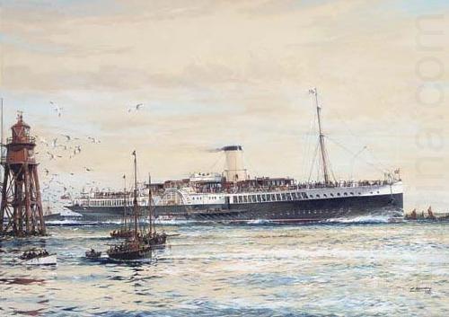 The paddle steamer Crested Eagle running down the Thames Estuary, her deck crowded with passengers, Jack Spurling